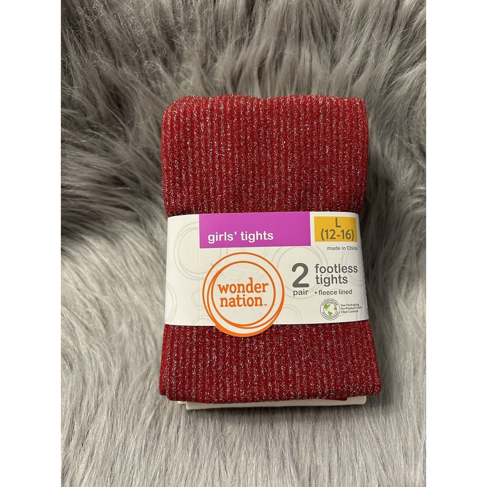Wonder Nation Footless Fleece Lined Tights Girls Size Large‎ 2 Pack Red & White